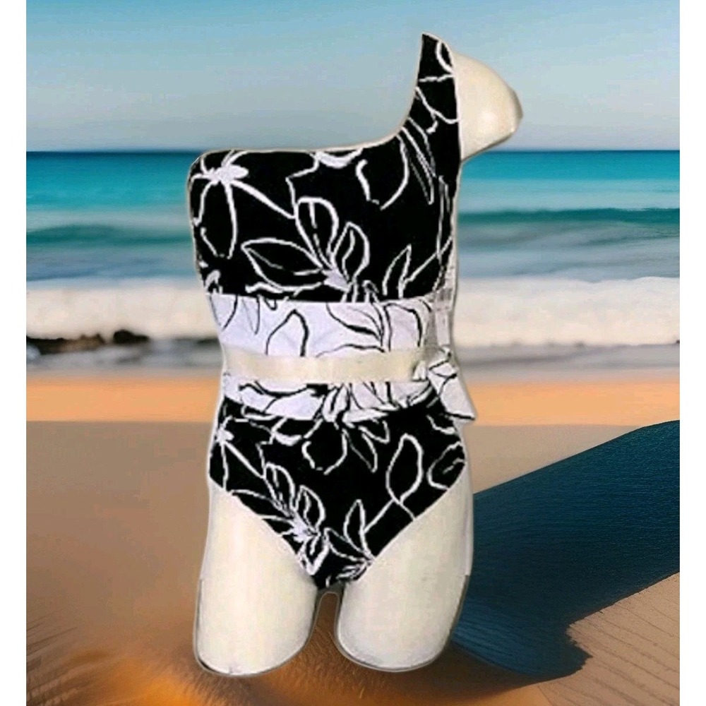 La Blanca Floral One Shoulder Bikini Set‎ Black White Tummy Control 16W LB2CK99W